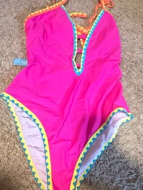Hot Pink One-Piece Swimsuit with Colorful Trim